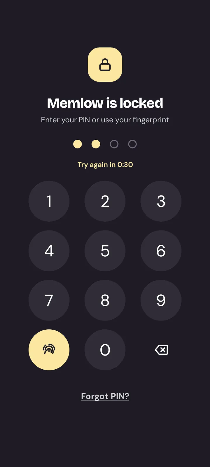 The Memlow is locked screen on Android, with the PIN pad and the fingerprint button