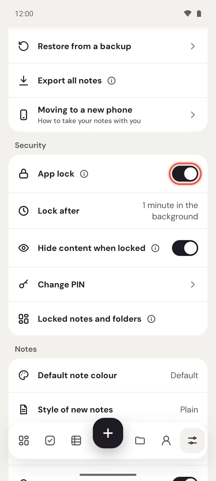 Settings on Android at Security, with App lock on, Lock after, Hide content when locked and Unlock with fingerprint