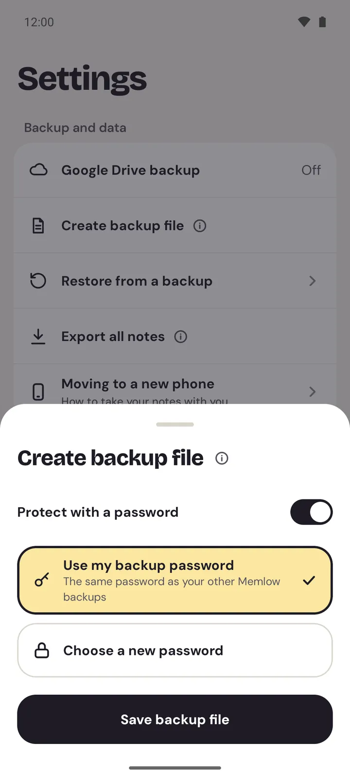 Create backup file on Android: Protect with a password on, Use my backup password chosen, and Save backup file