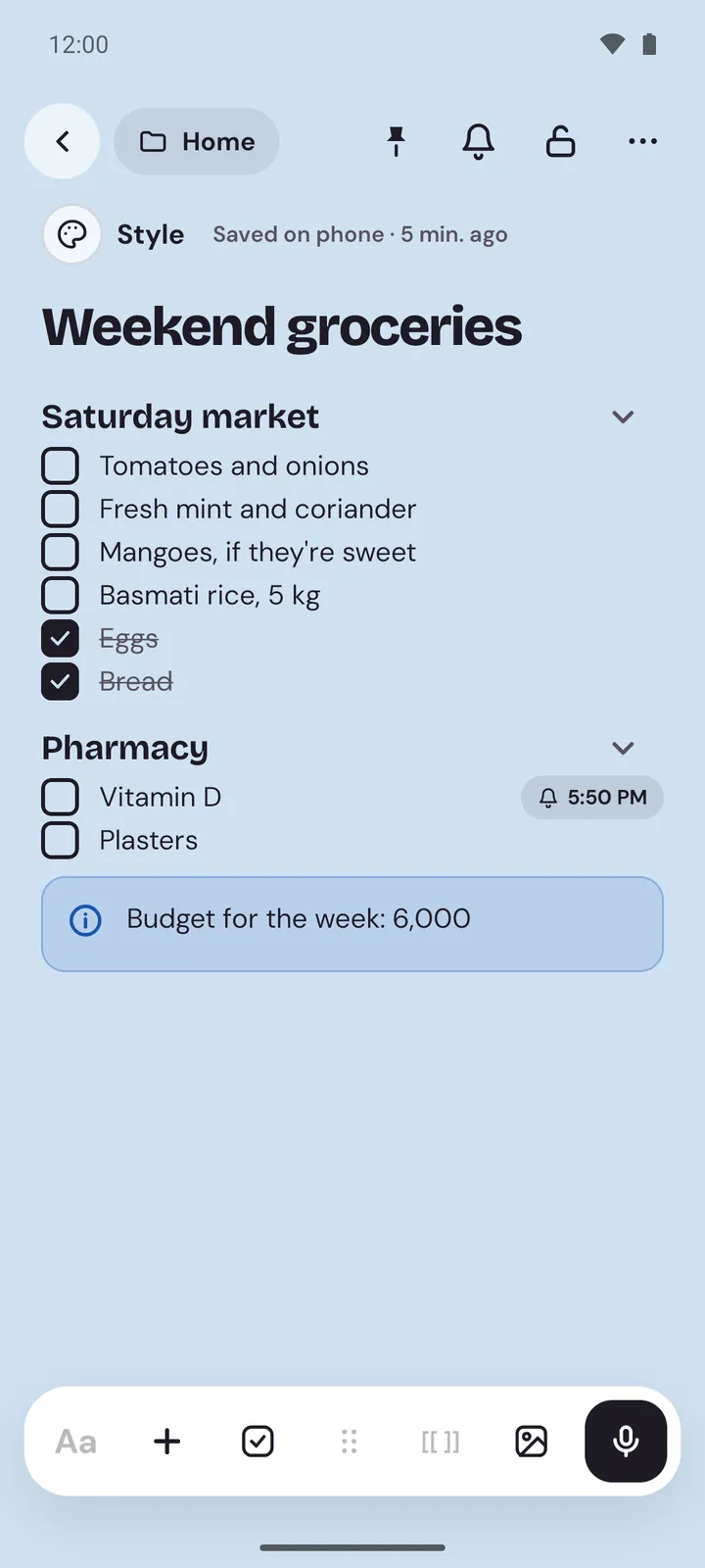 A Weekend groceries checklist on Android, two items ticked and moved to the bottom