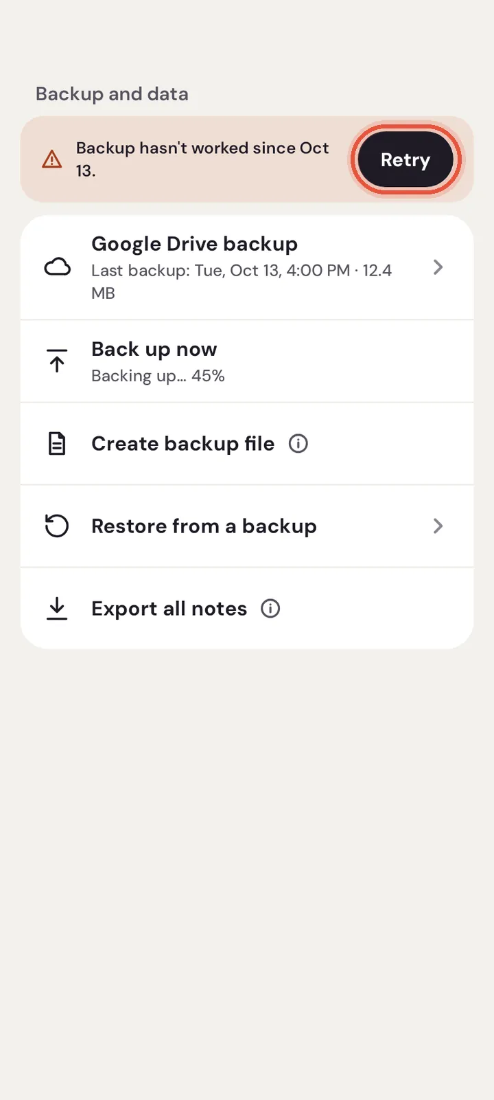 Backup and data in Settings on Android, with a warning that the backup hasn't worked and a Retry button