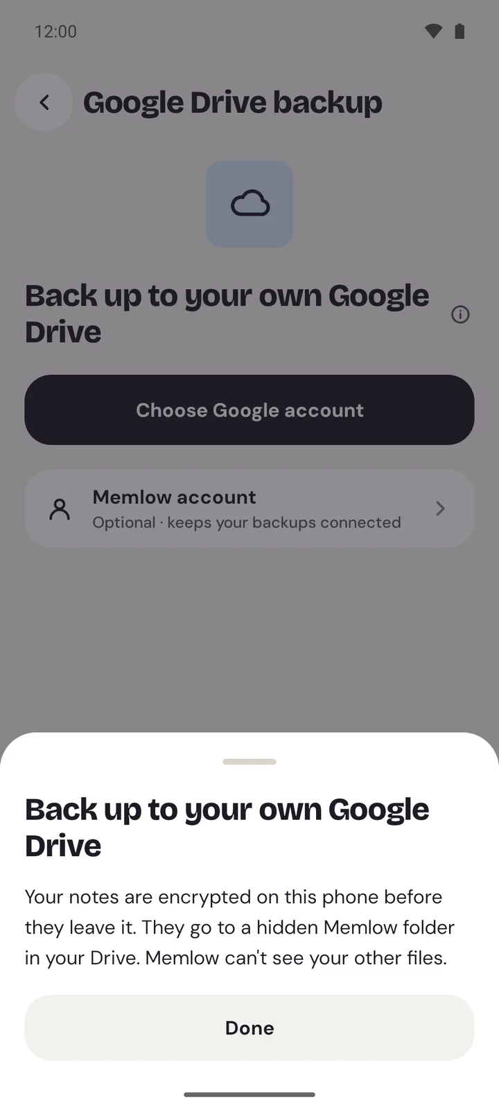 Google Drive backup on Android, the first step, with its info text open: your notes are encrypted on this phone before they leave it