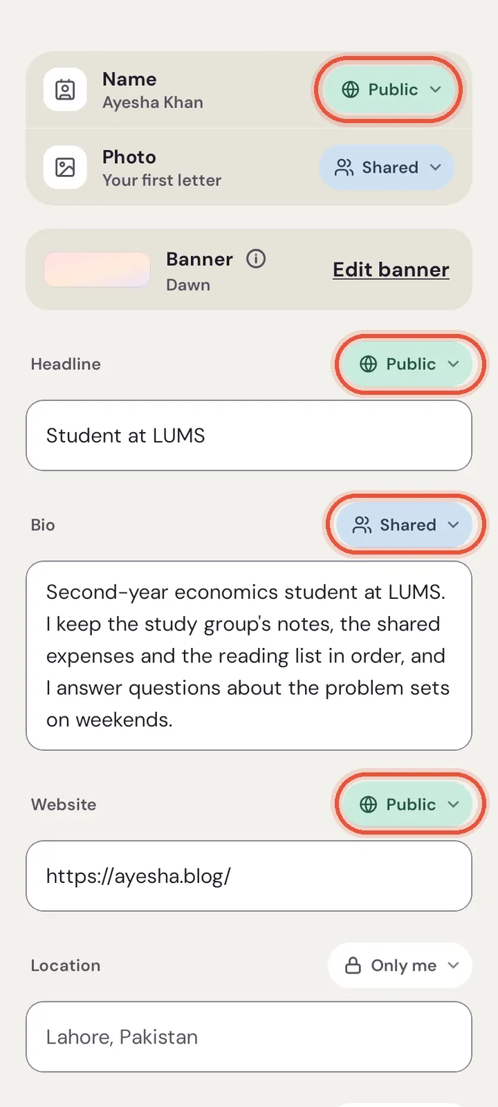 Editing a profile on Android: each detail has its own level, such as Public, Shared or Only me