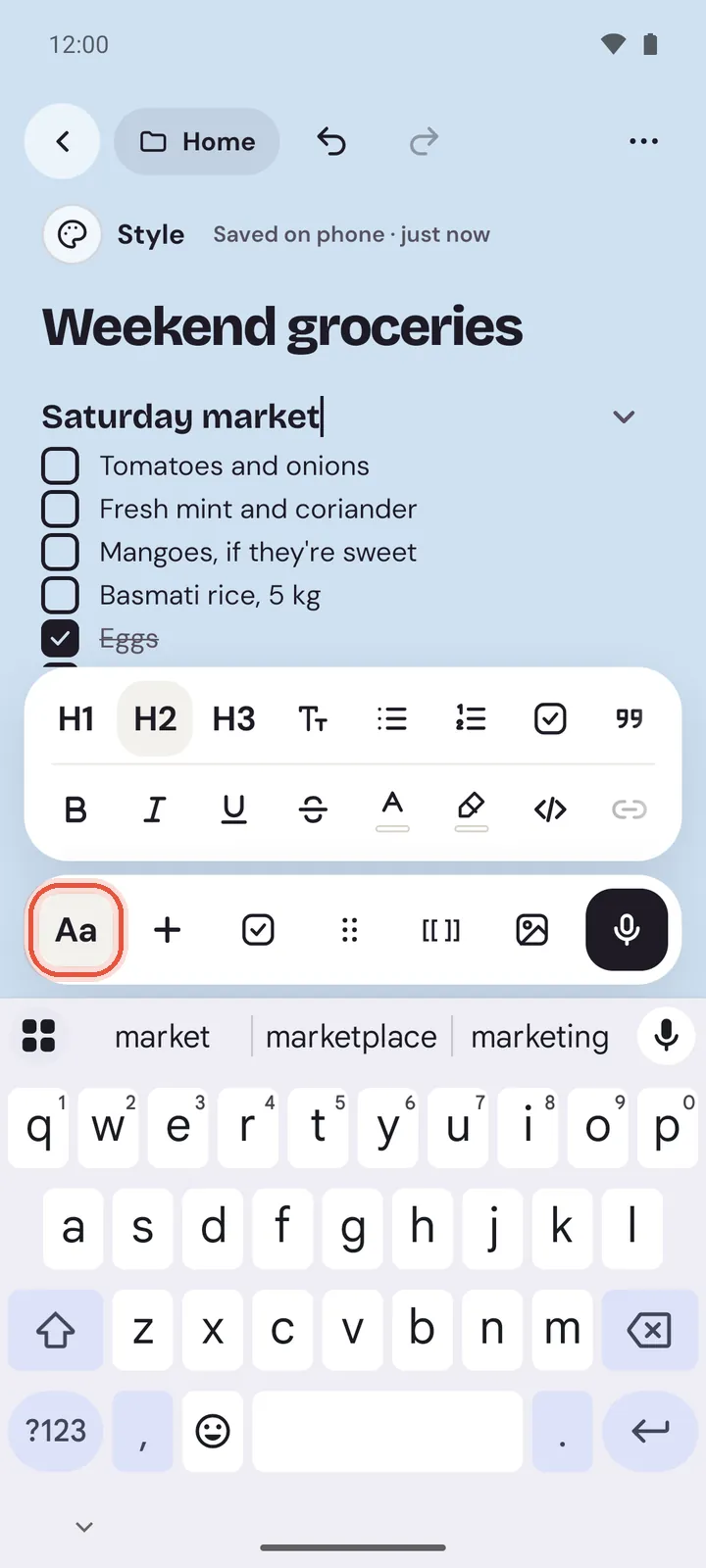 The note toolbar on Android above the keyboard, with the Aa panel open