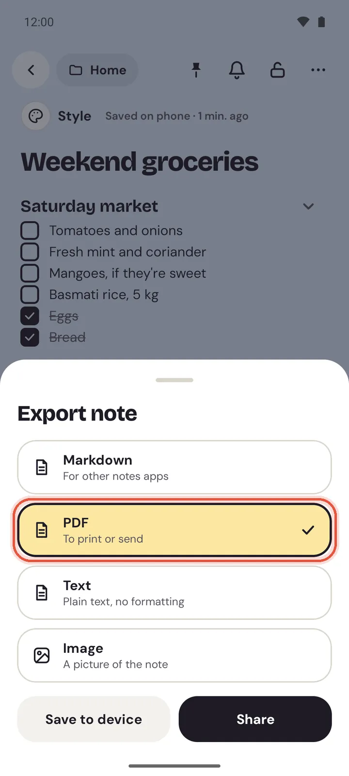 Export note on Android: Markdown, PDF, Text and Image, with Save to device and Share