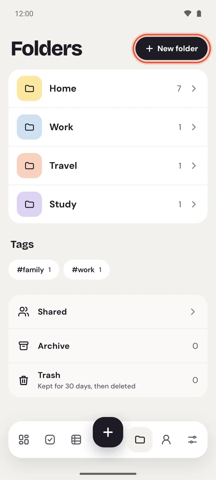 The Folders screen on Android with Home, Work, Travel and Study, the tags below them, then Archive and Trash