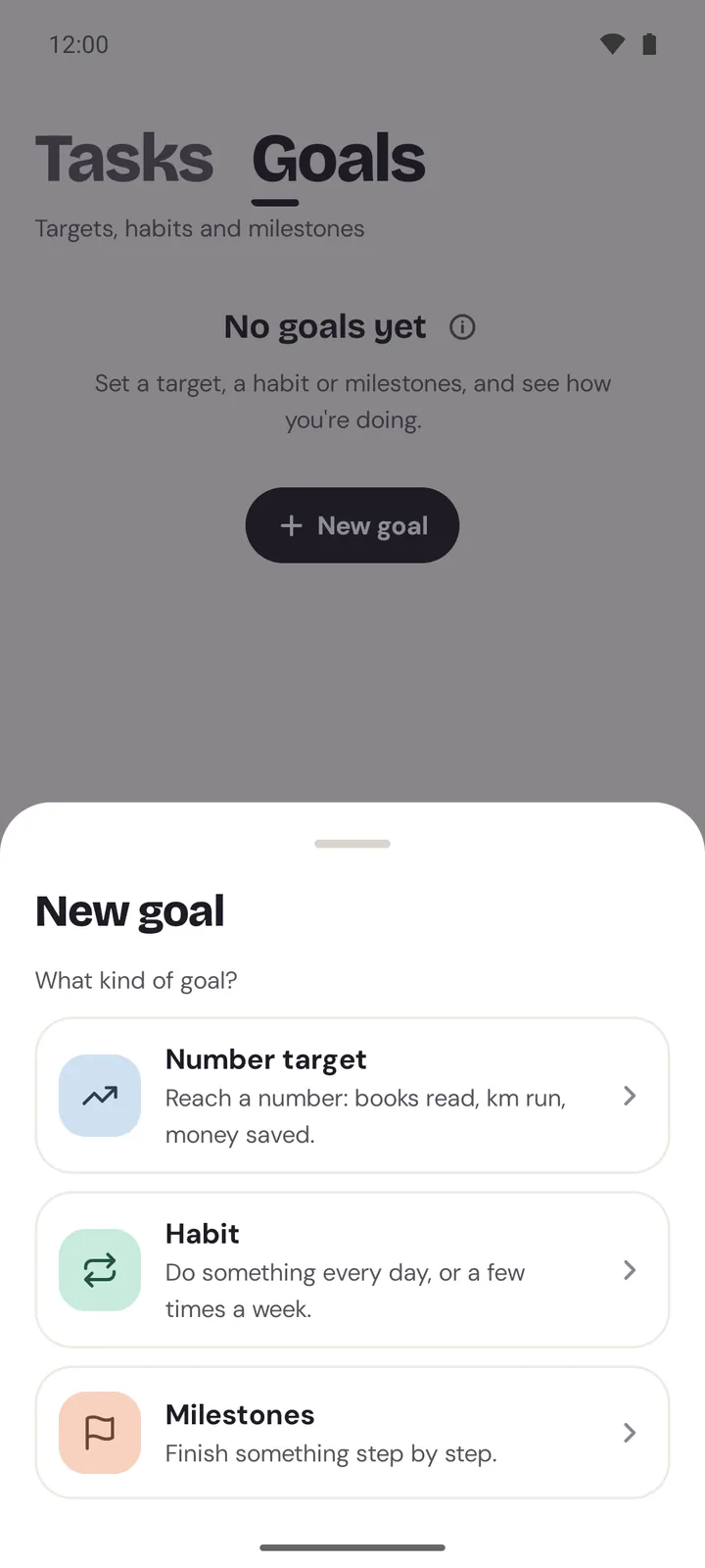 The New goal sheet on Android: What kind of goal? with Number target, Habit and Milestones