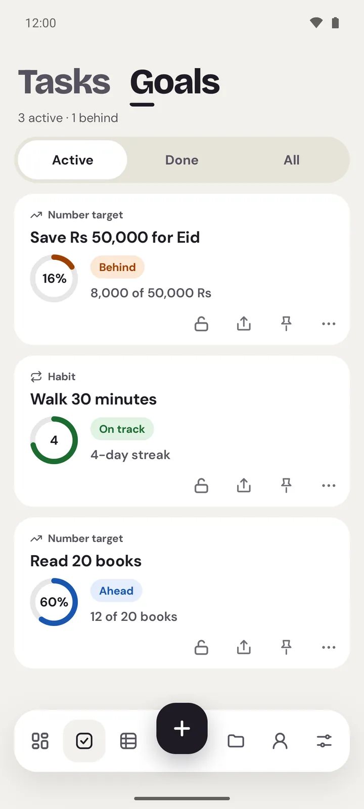Goals on Android: three goal cards with rings, one Behind in red, one On track, one Ahead