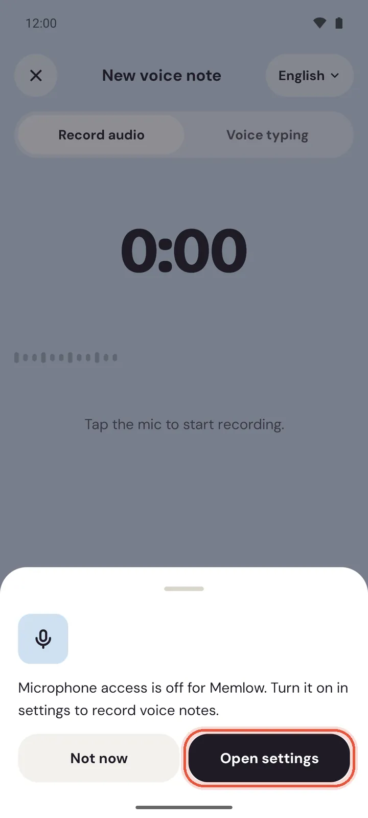 The voice screen on Android with the message that microphone access is off and an Open settings button