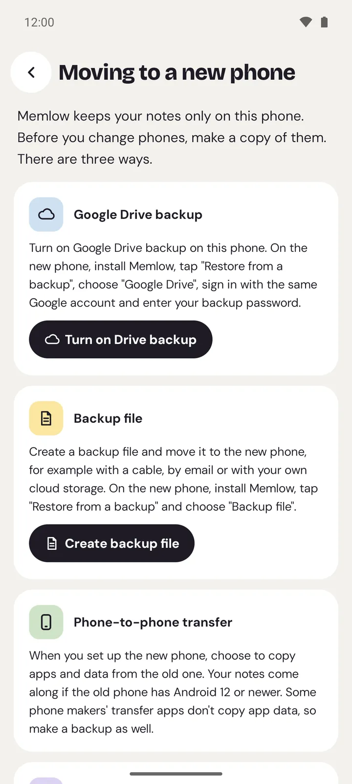 Moving to a new phone on Android: the Google Drive backup card, the Backup file card and phone-to-phone transfer