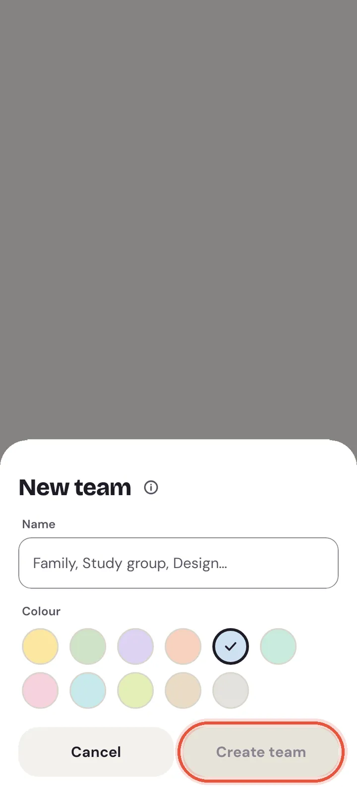 The New team sheet on Android, with the Name box, a colour picked and Create team