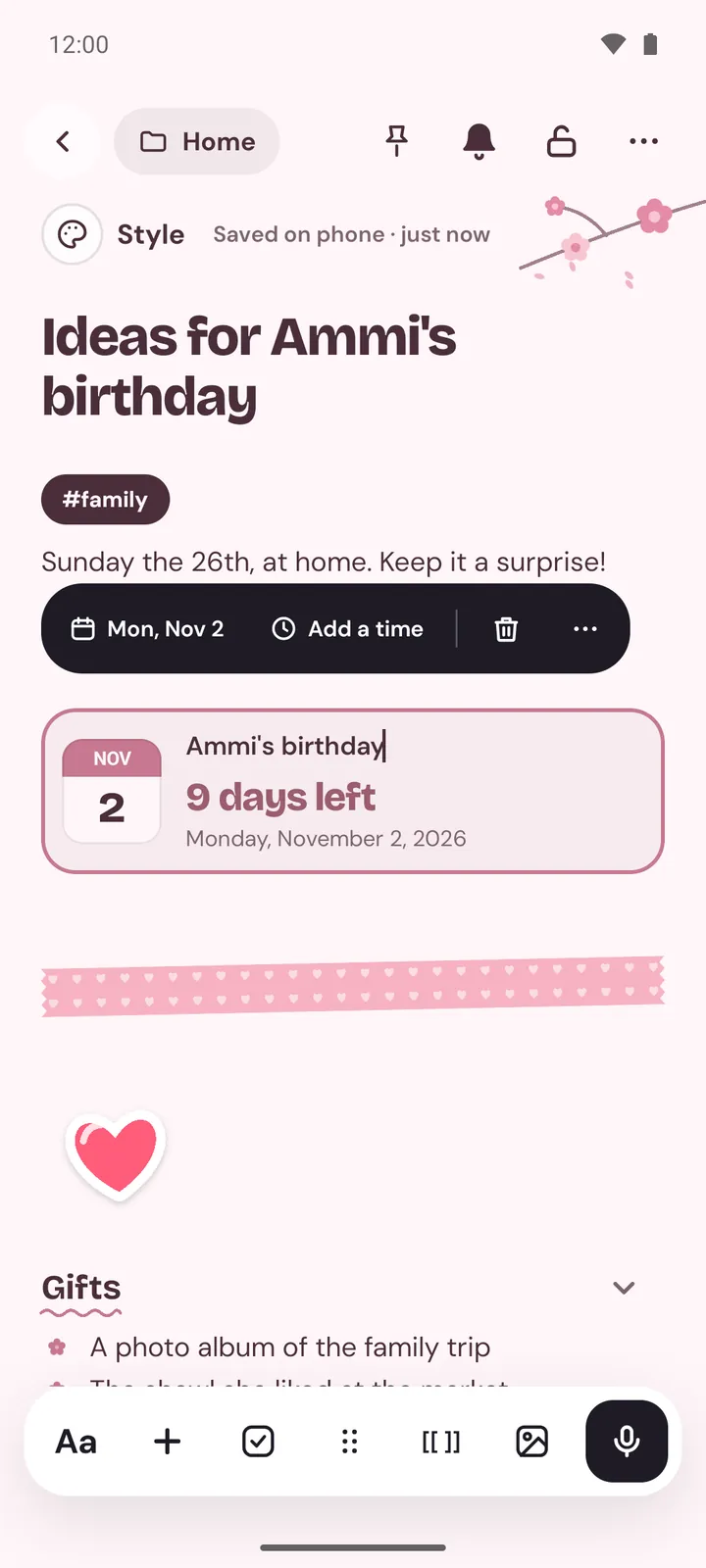 A note on Android with a Sakura theme, a heart sticker, washi tape and a countdown to a birthday