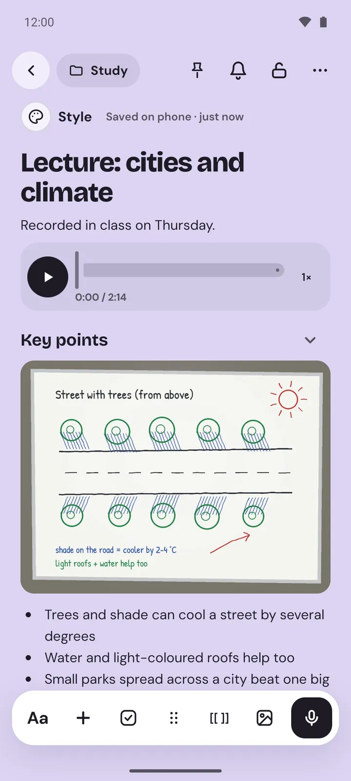 The Lecture: cities and climate note on Android with a photo of a whiteboard between the key points