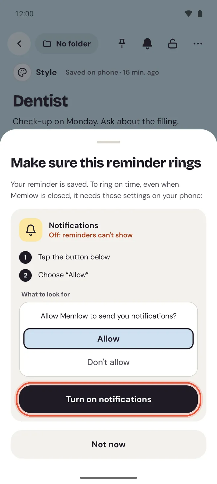The Make sure this reminder rings sheet after saving a reminder, with notifications off