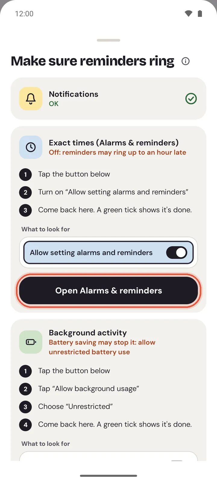 The Make sure reminders ring sheet on Android, with Exact times and Background activity still to fix