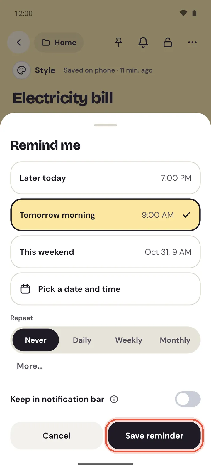 The Remind me sheet on Android over a note called Electricity bill, Tomorrow morning chosen