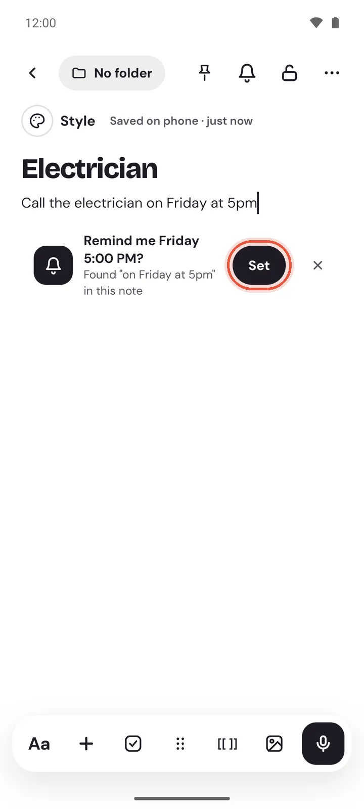 A note on Android with the card Remind me Friday, 5:00 PM? and its Set button