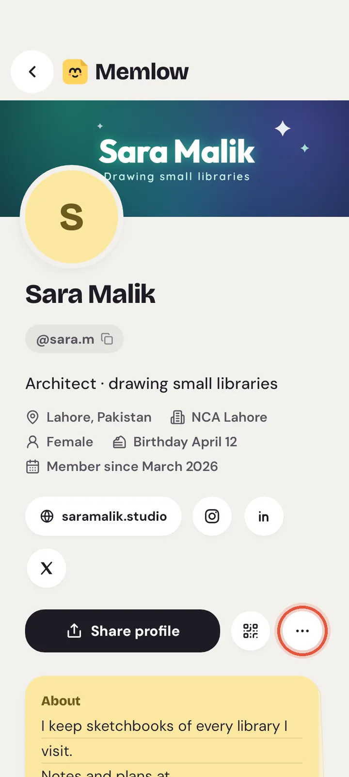 Someone's public profile on Android, with the ⋯ button that holds Report profile marked