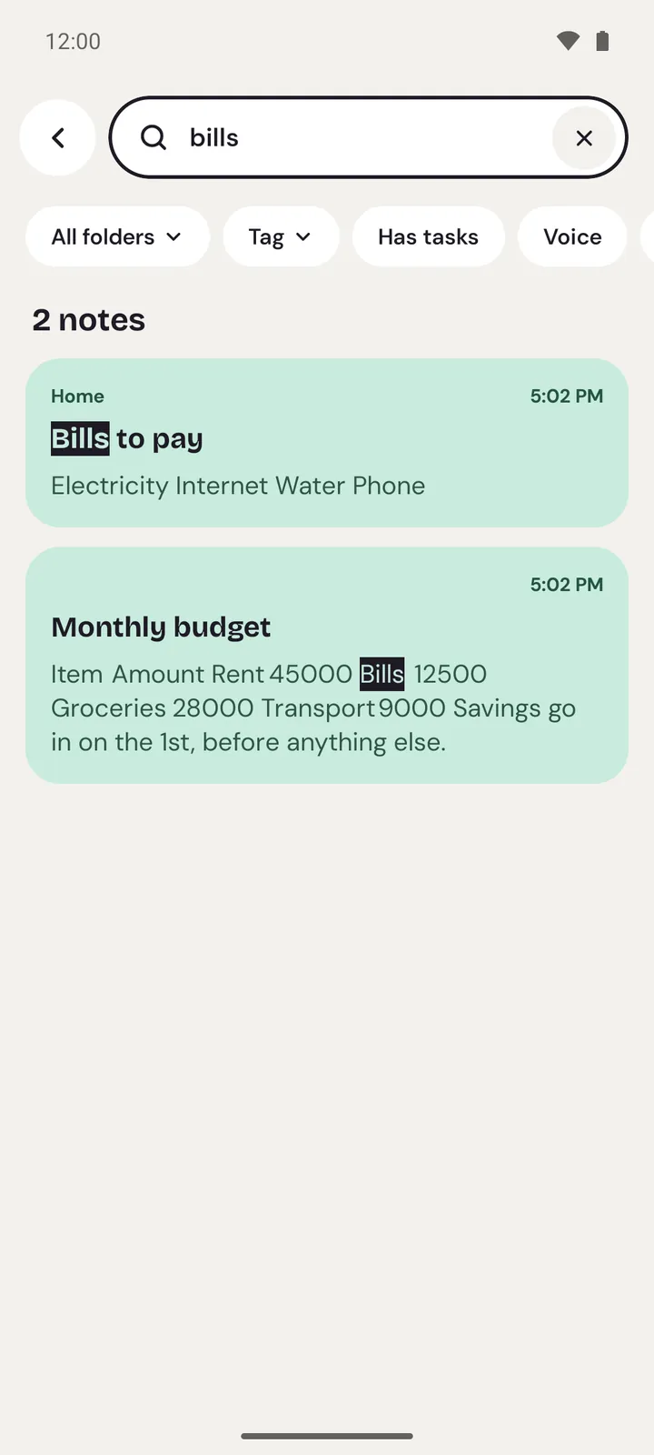 Search on Android for "bills", with the filter chips under the box and two notes found