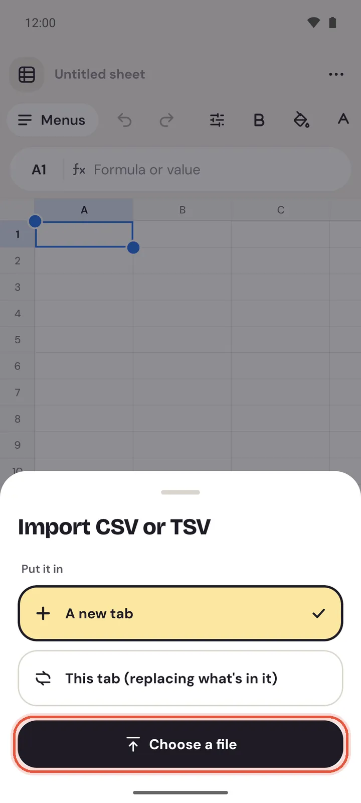 Import CSV or TSV on an Android phone, with A new tab chosen under Put it in and the Choose a file button