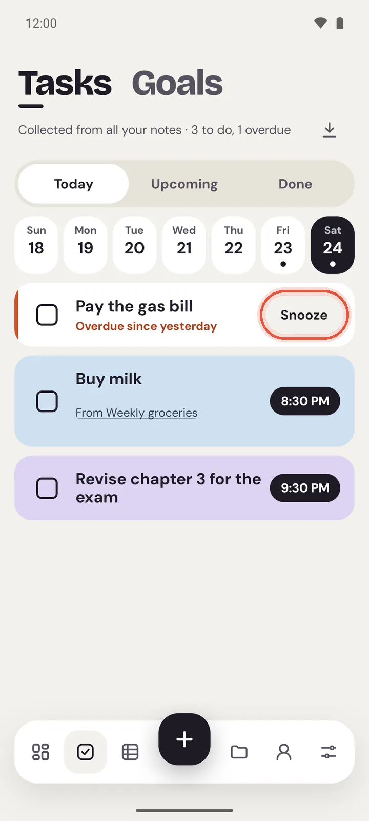 Tasks on Android: the Today tab with the week strip, a late task in red with Snooze, and two tasks for this evening