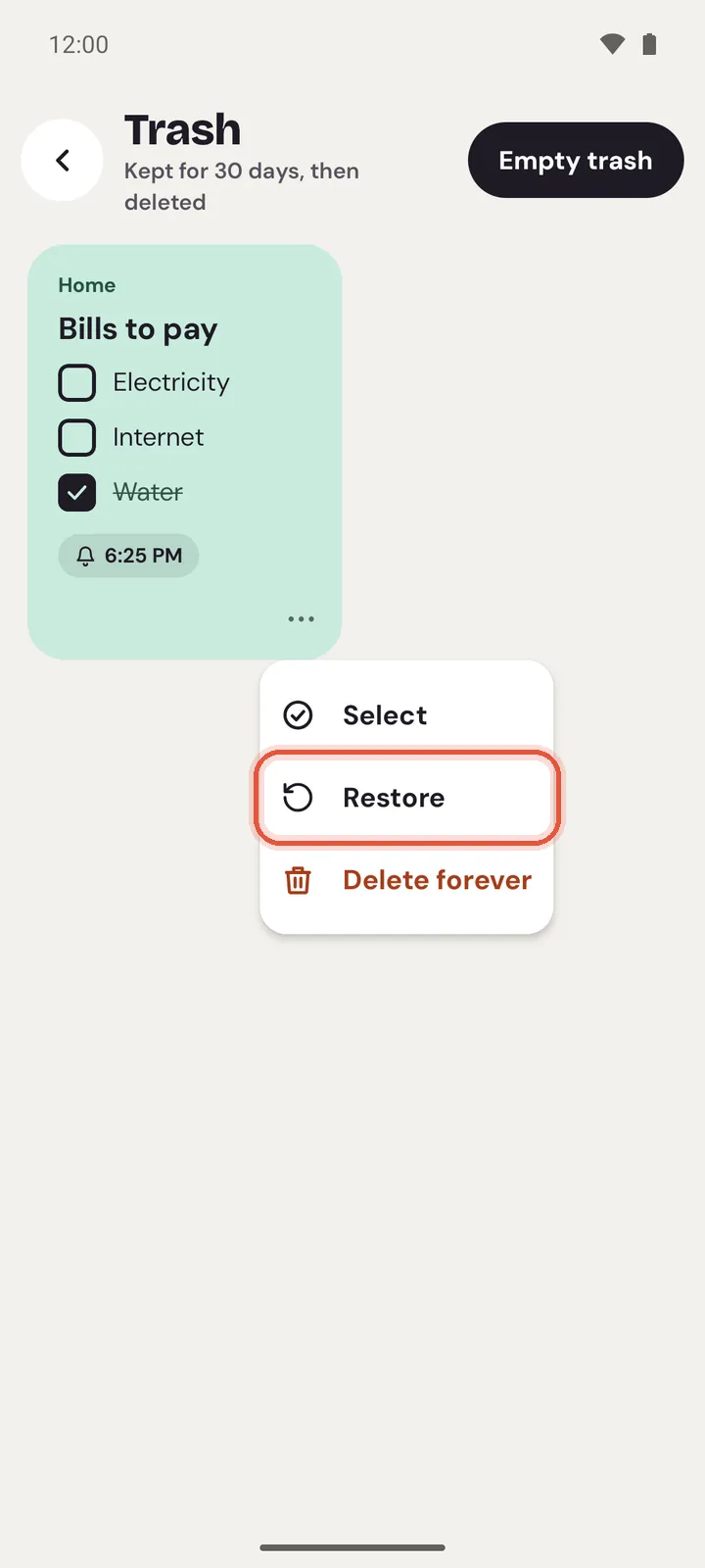 Trash on Android with the Bills to pay note from the Home folder, and its menu open on Restore