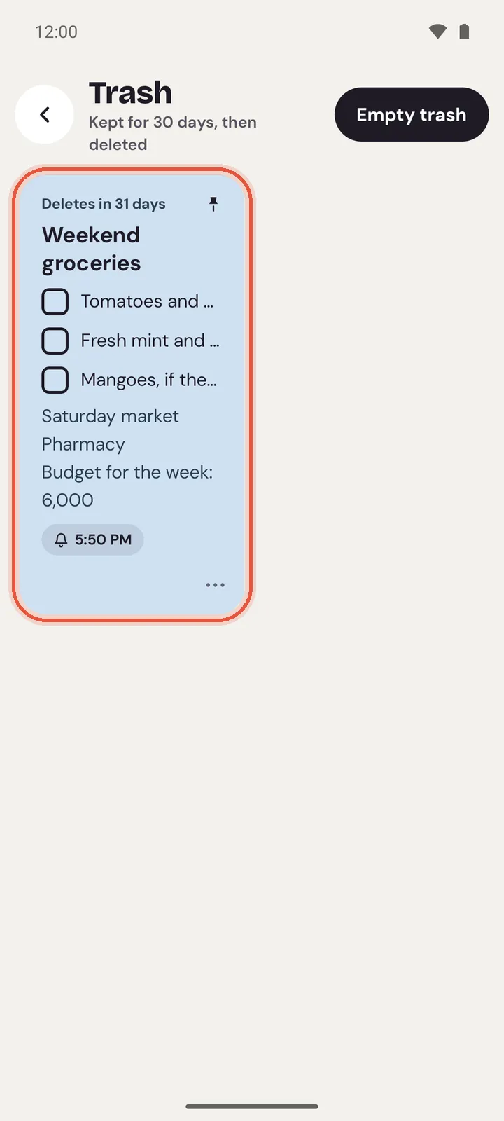 Trash on Android with a deleted shopping list and the days left before it goes