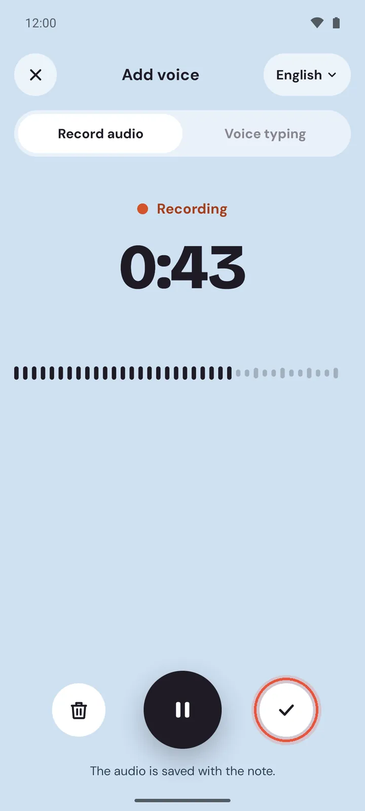 The voice screen on Android recording, with the timer running and Pause recording and Save below