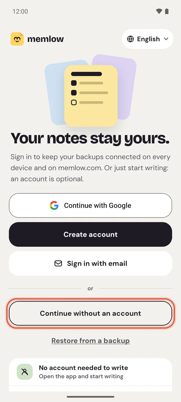 The Android welcome screen: the sign-in buttons, Continue without an account and Restore from a backup