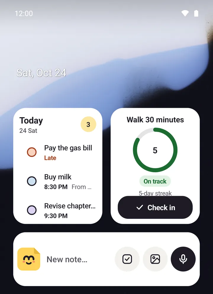 An Android home screen with Memlow's Today widget, a One goal widget with Check in, and the Quick note bar