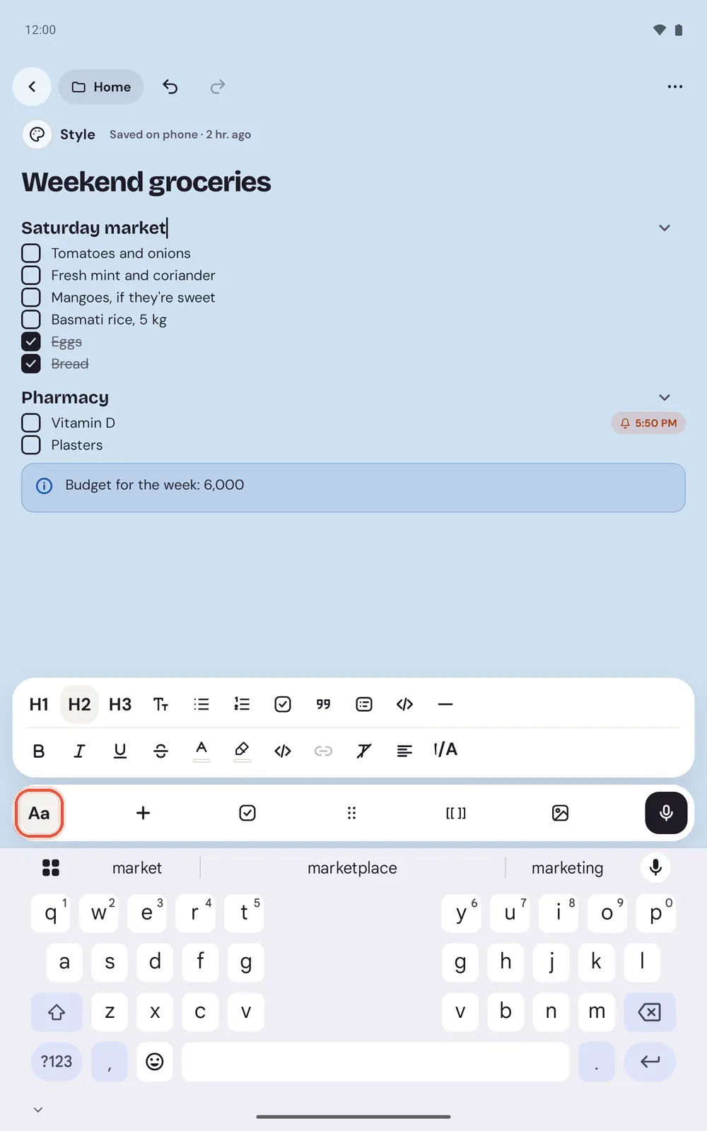 The Aa panel on an Android tablet, open above the keyboard in a groceries note