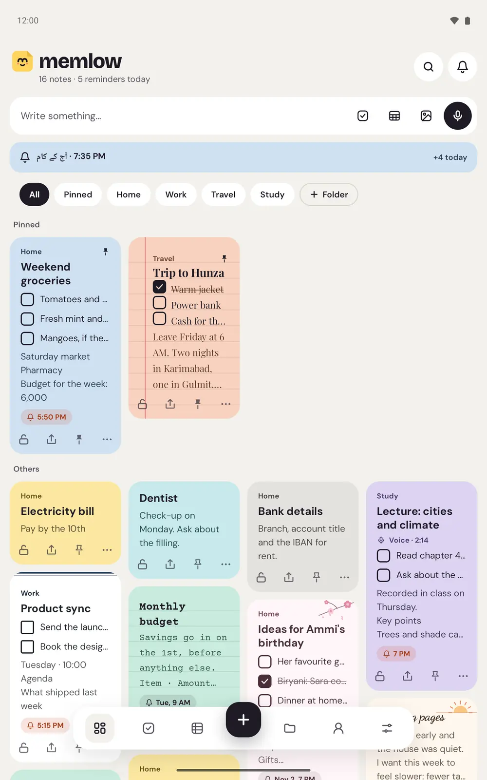 Home on an Android tablet: the Write something box, the folder chips, and notes in four columns