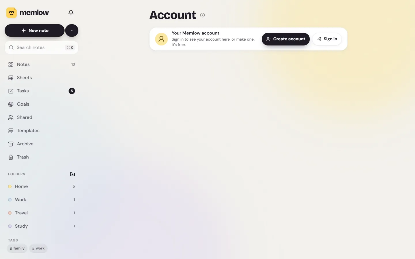 The Account page on the web, signed out, with Create account and Sign in