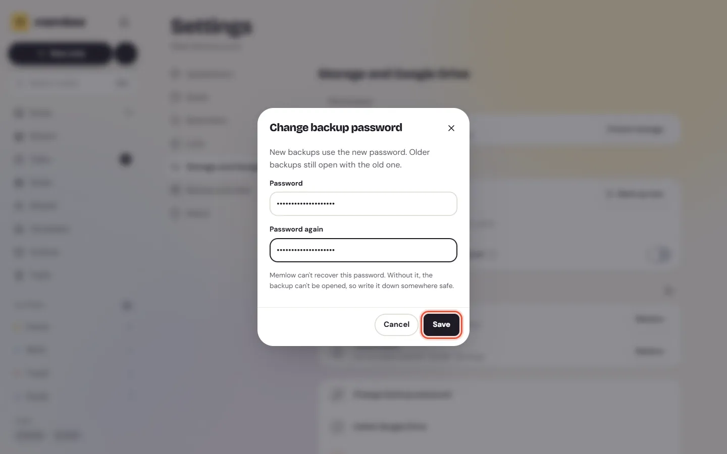 Change backup password on the web, with the new password typed twice