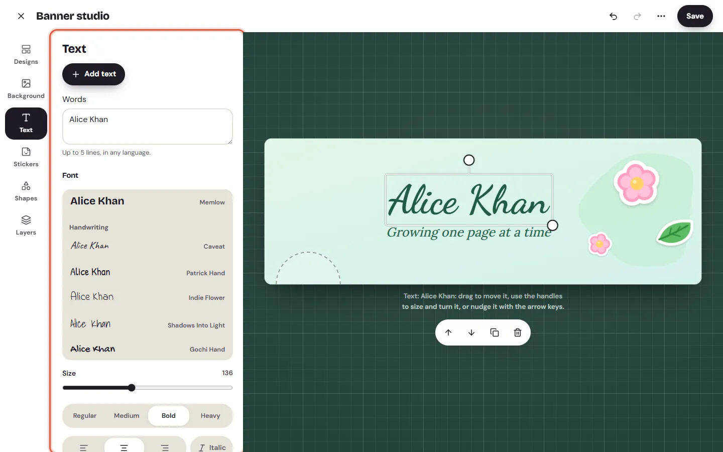 The Text tab in the Banner studio, with the name on the banner chosen and its font list open