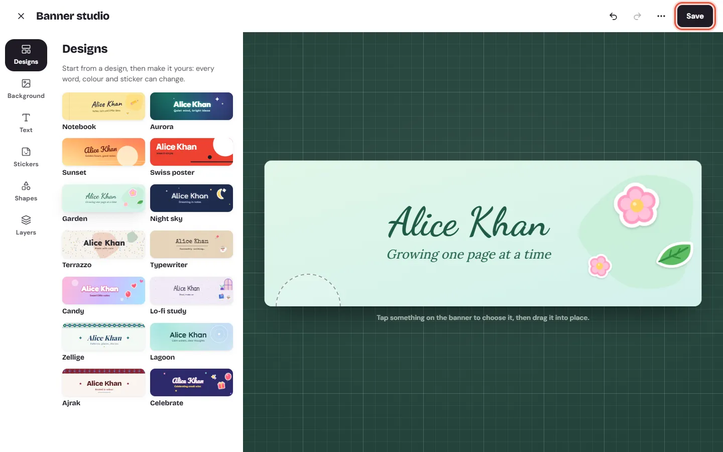 The Banner studio on the web: the 14 designs on the left and the Garden design on the banner