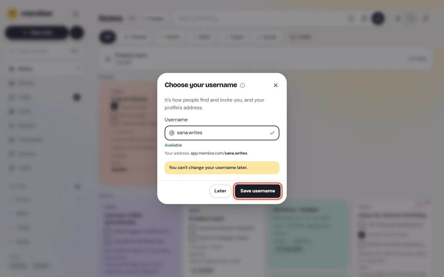 The Choose your username sheet on the web, with a name typed and Available shown