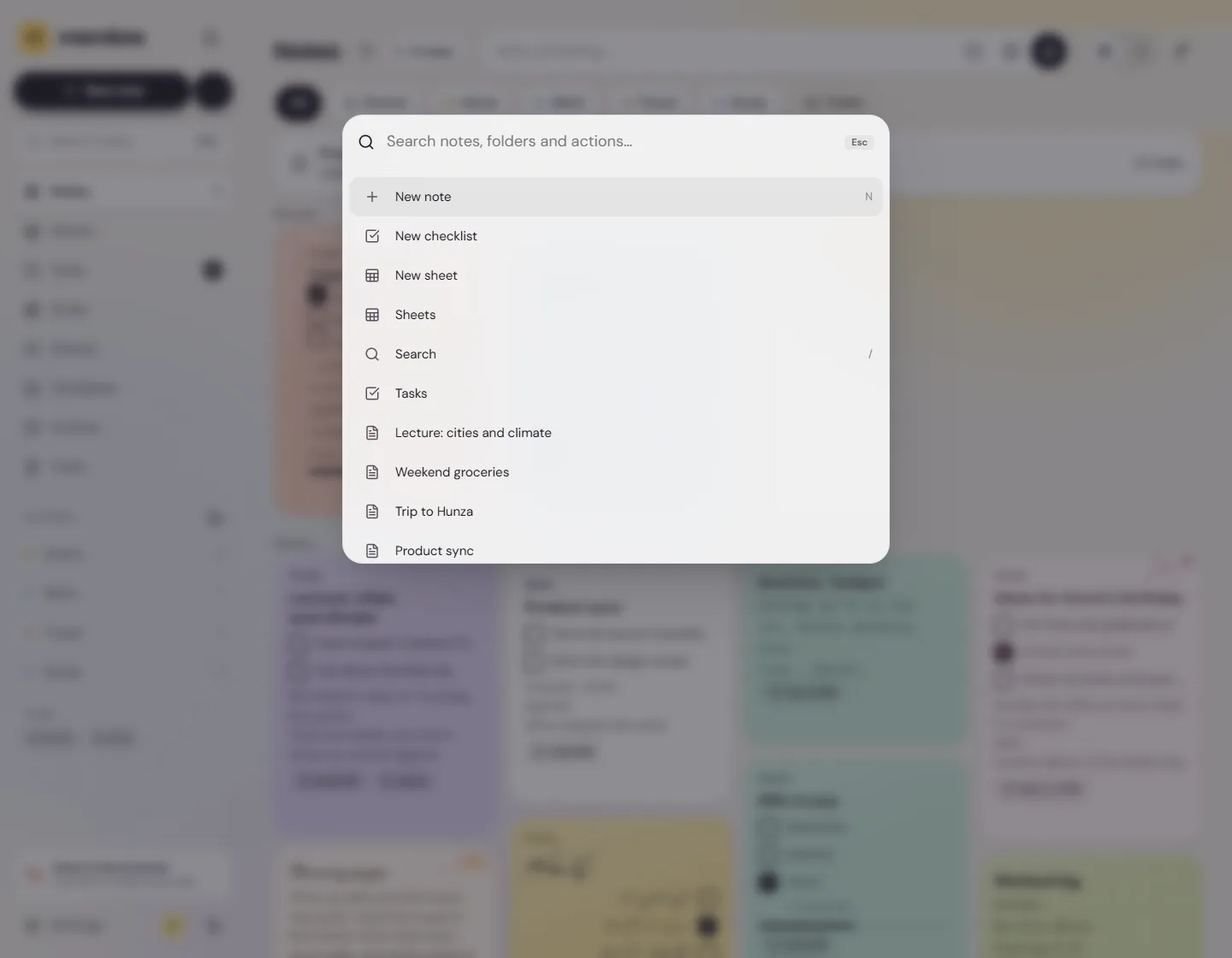 The command menu on the web, opened with Ctrl + K, listing actions and recent notes