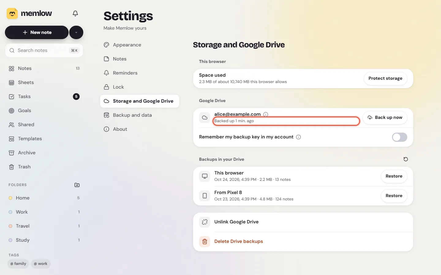 Settings, Storage and Google Drive on the web, linked and showing Backed up a minute ago