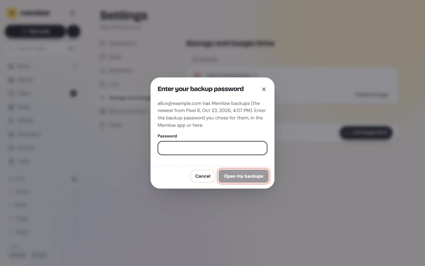 Enter your backup password on the web: the Google account has Memlow backups, the newest from a Pixel phone, and the Open my backups button
