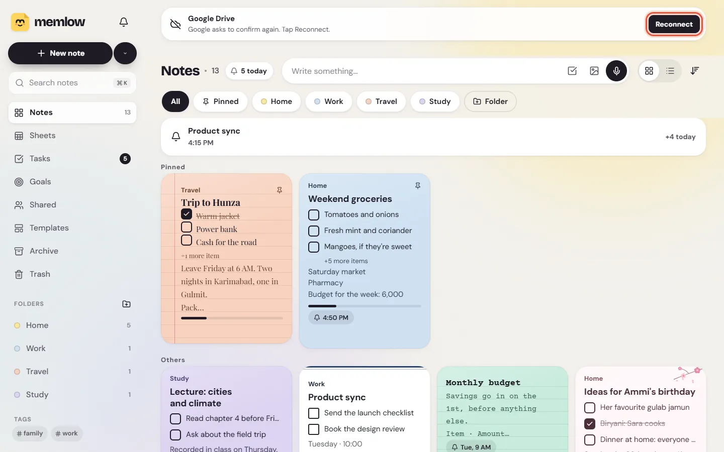 The notes list on the web with the banner Google asks to confirm again and a Reconnect button