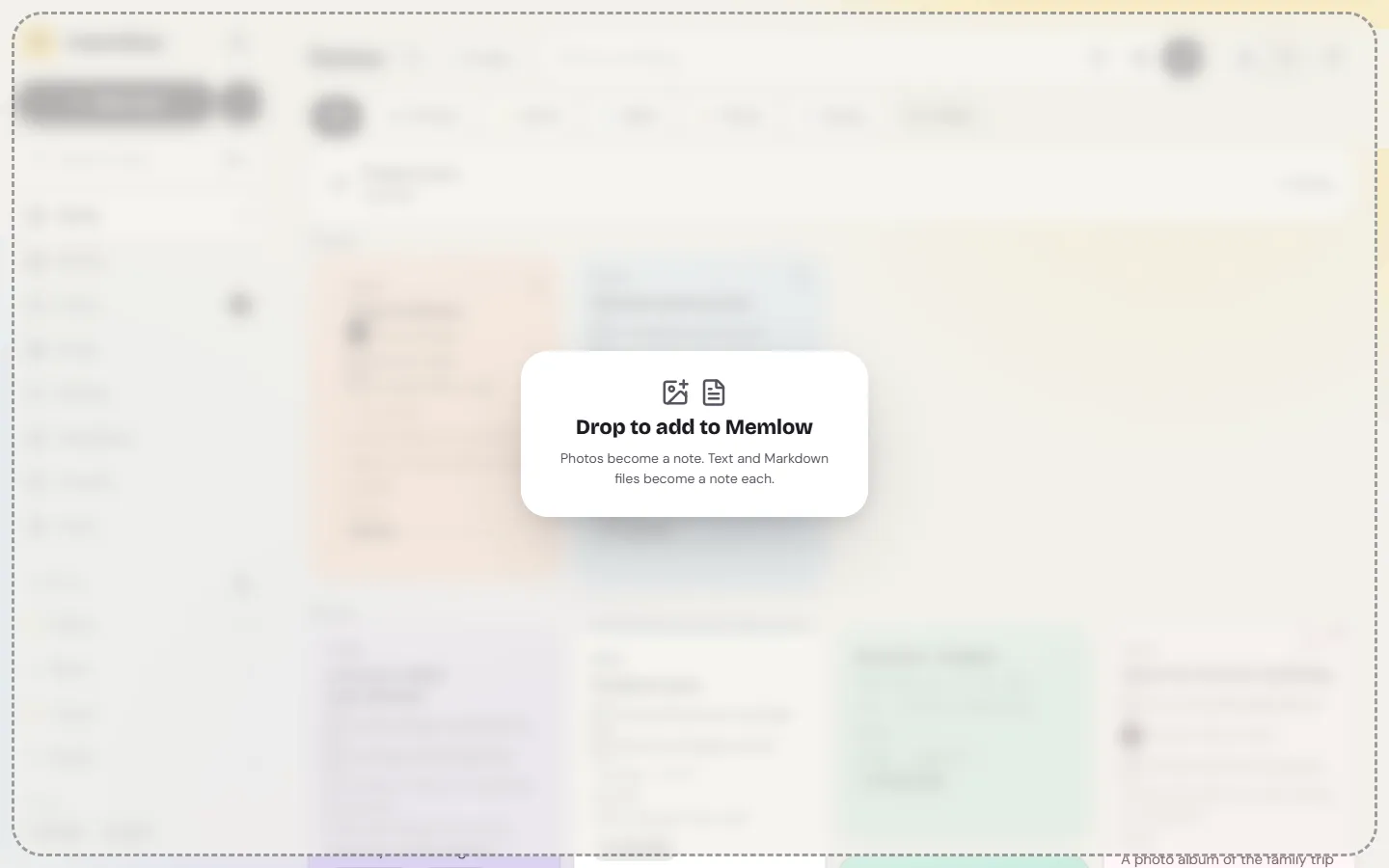 app.memlow.com with three Markdown files dragged over it and the card Drop to add to Memlow