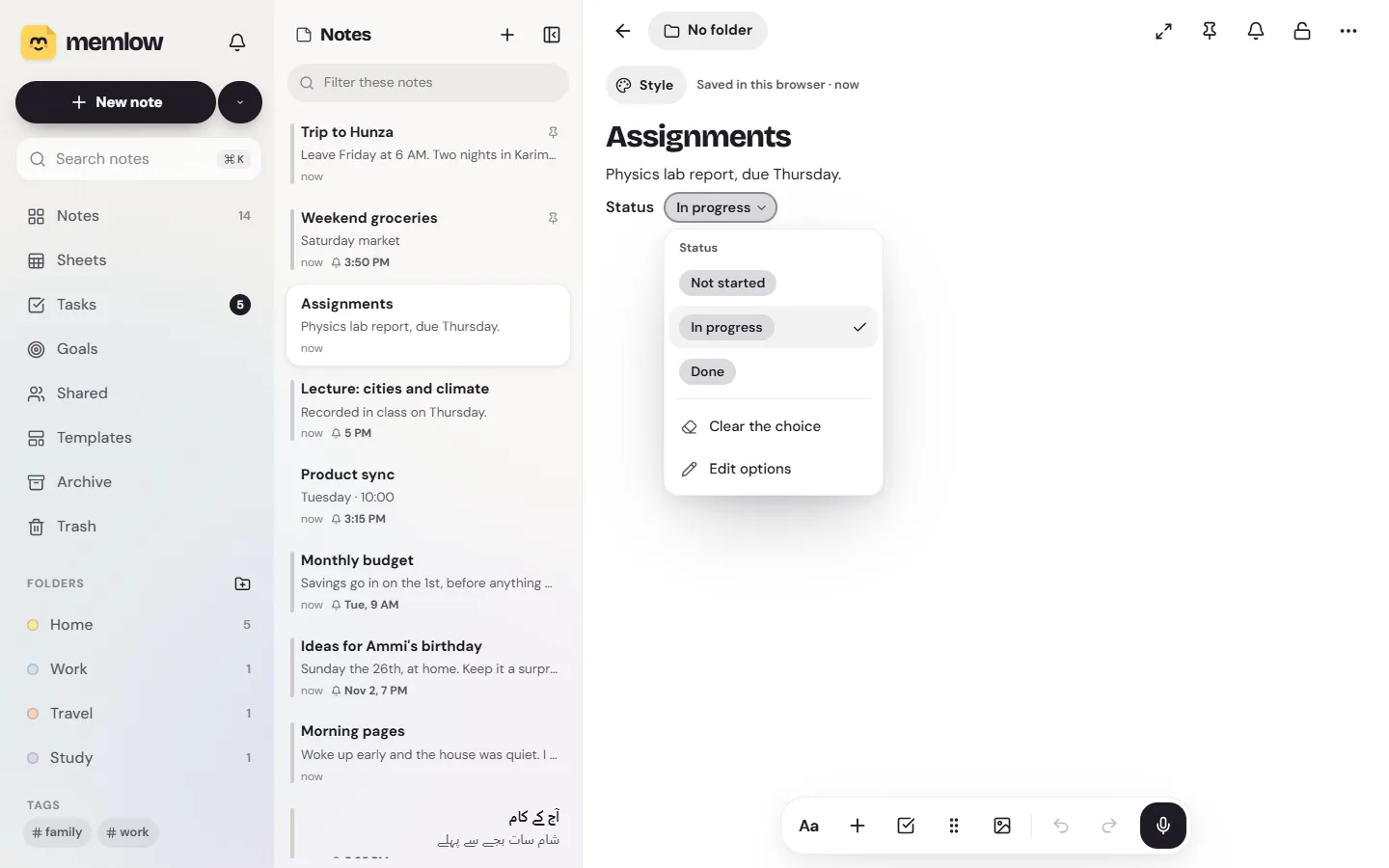 A Status dropdown on the web with its list open: Not started, In progress ticked, Done, then Clear the choice and Edit options