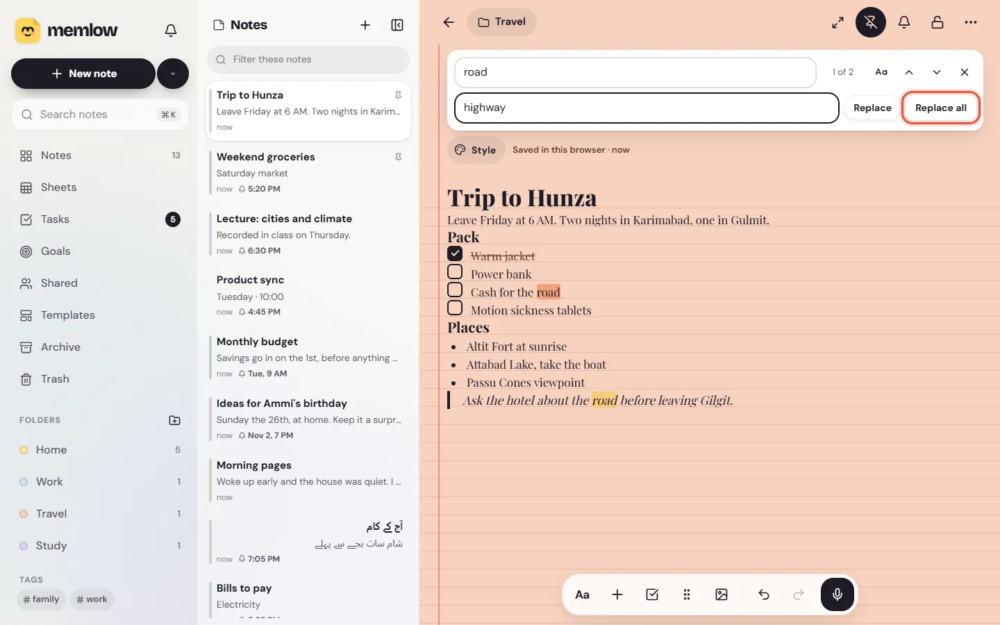 Find and replace on the web in the Trip to Hunza note, with two matches for "road" highlighted