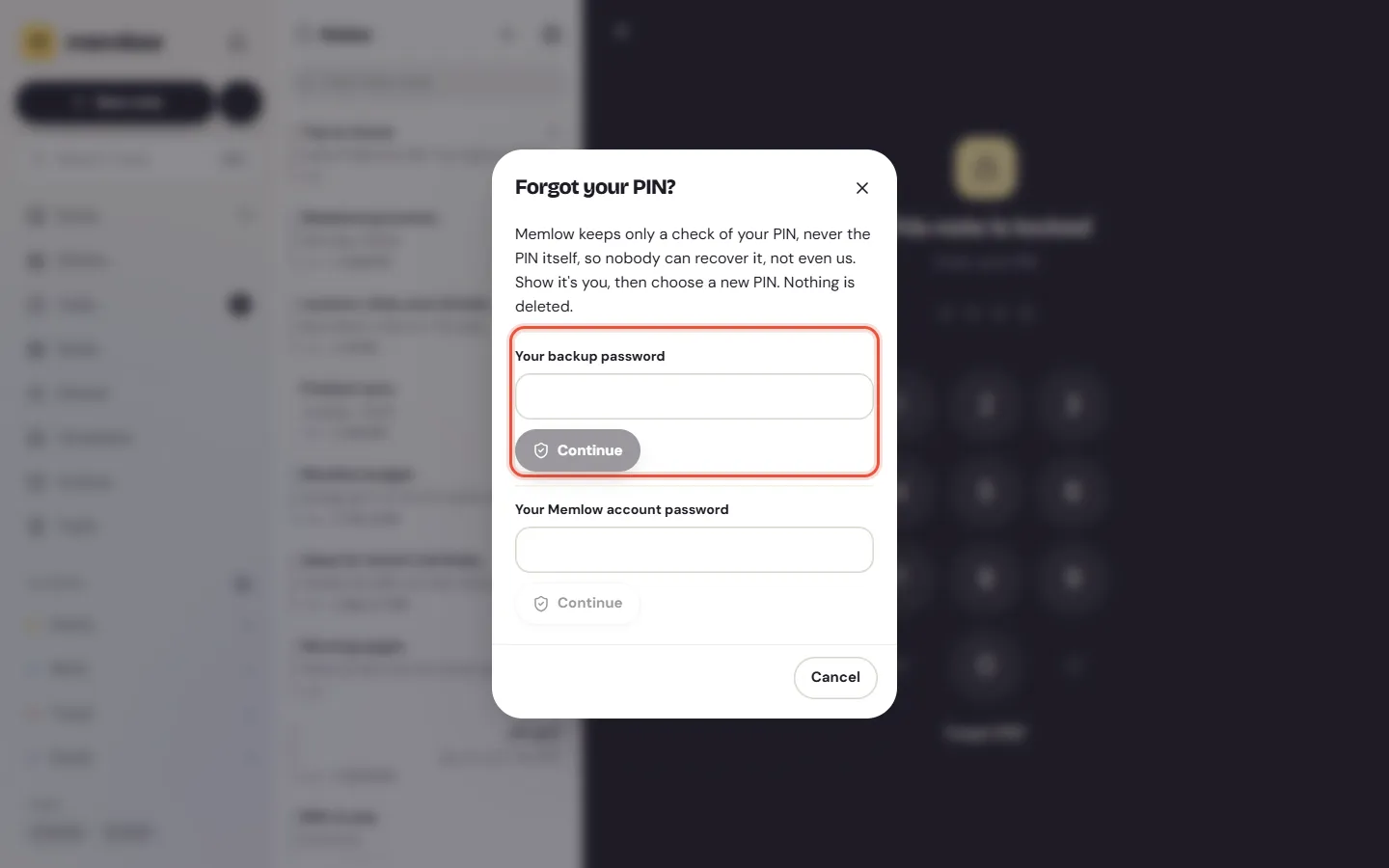 Forgot your PIN? on the web: the backup password and the account password, each with Continue