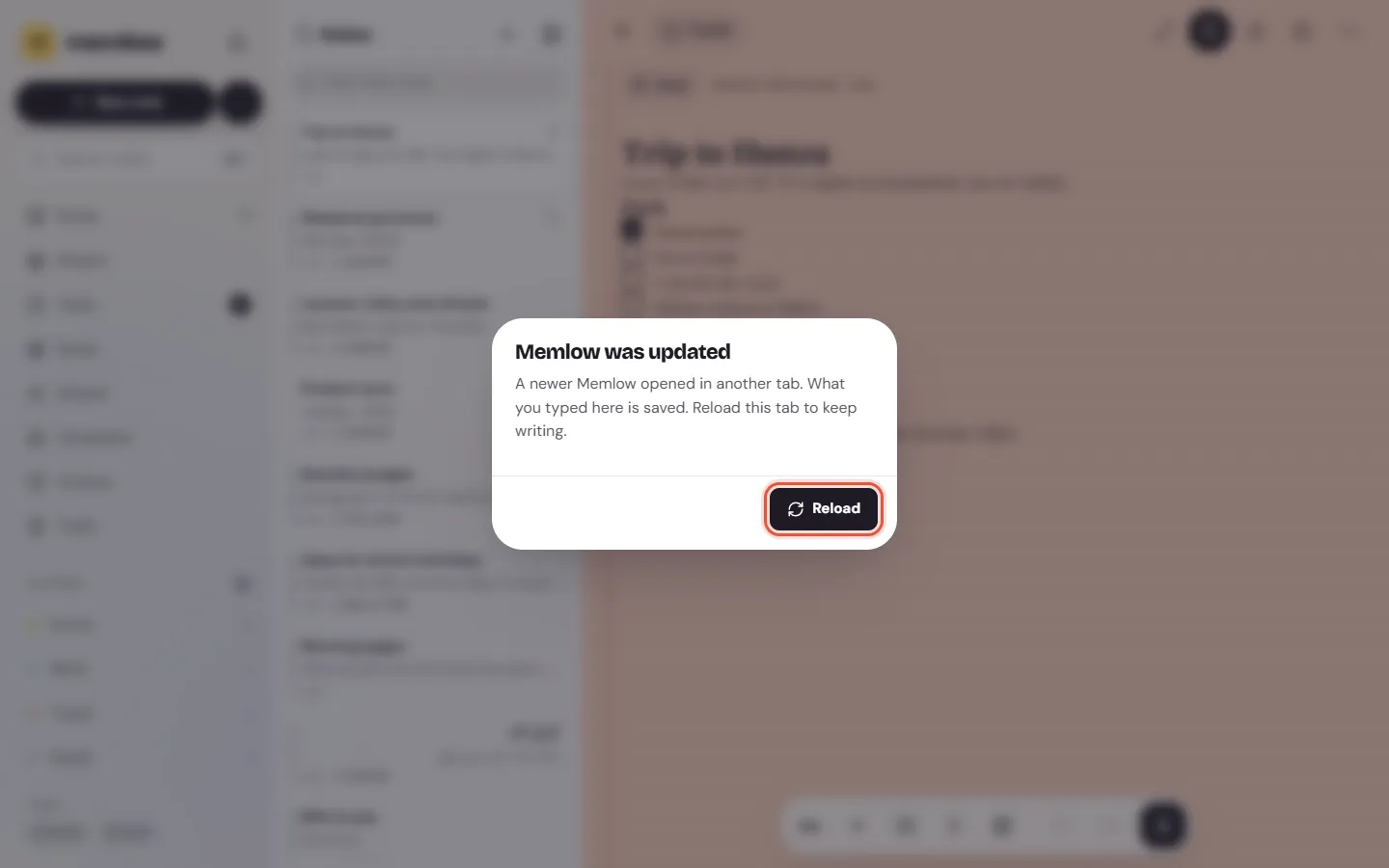 An older tab with the Memlow was updated box and its Reload button