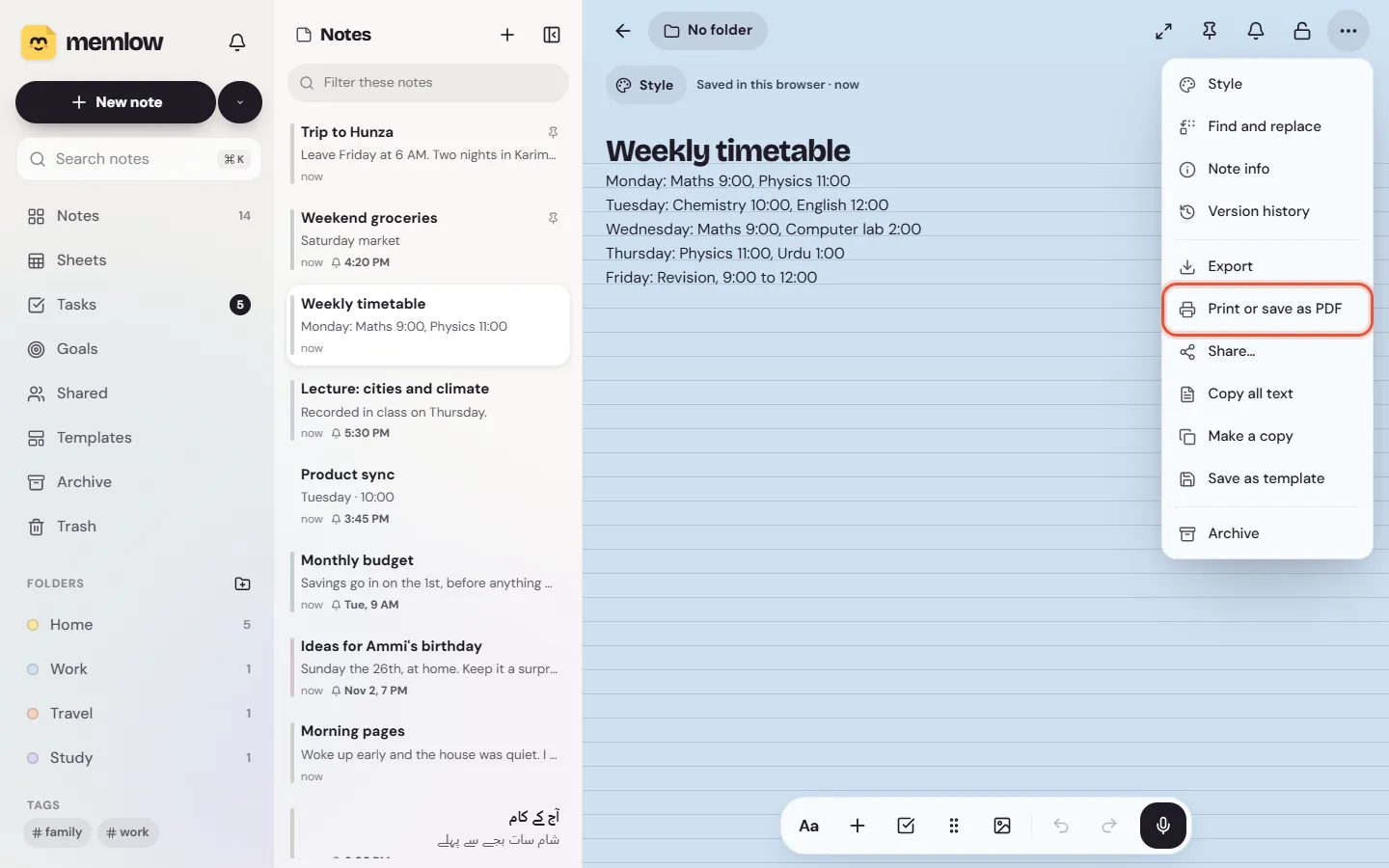 The ⋯ menu of a note on the web, open on Print or save as PDF, over a note in the Lined paper with a sky colour