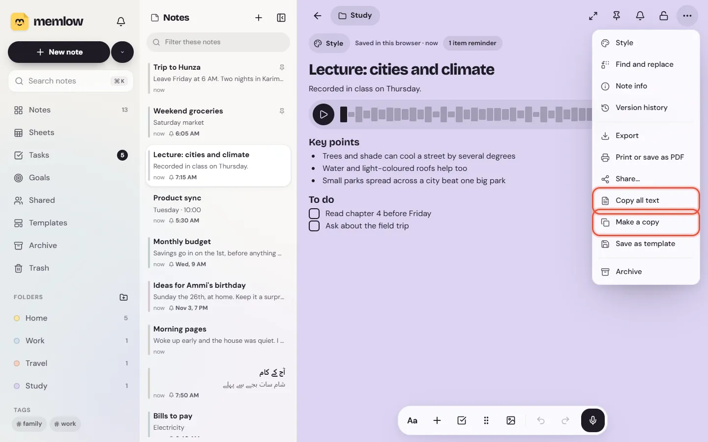 The More menu of a note on the web, with Copy all text and Make a copy