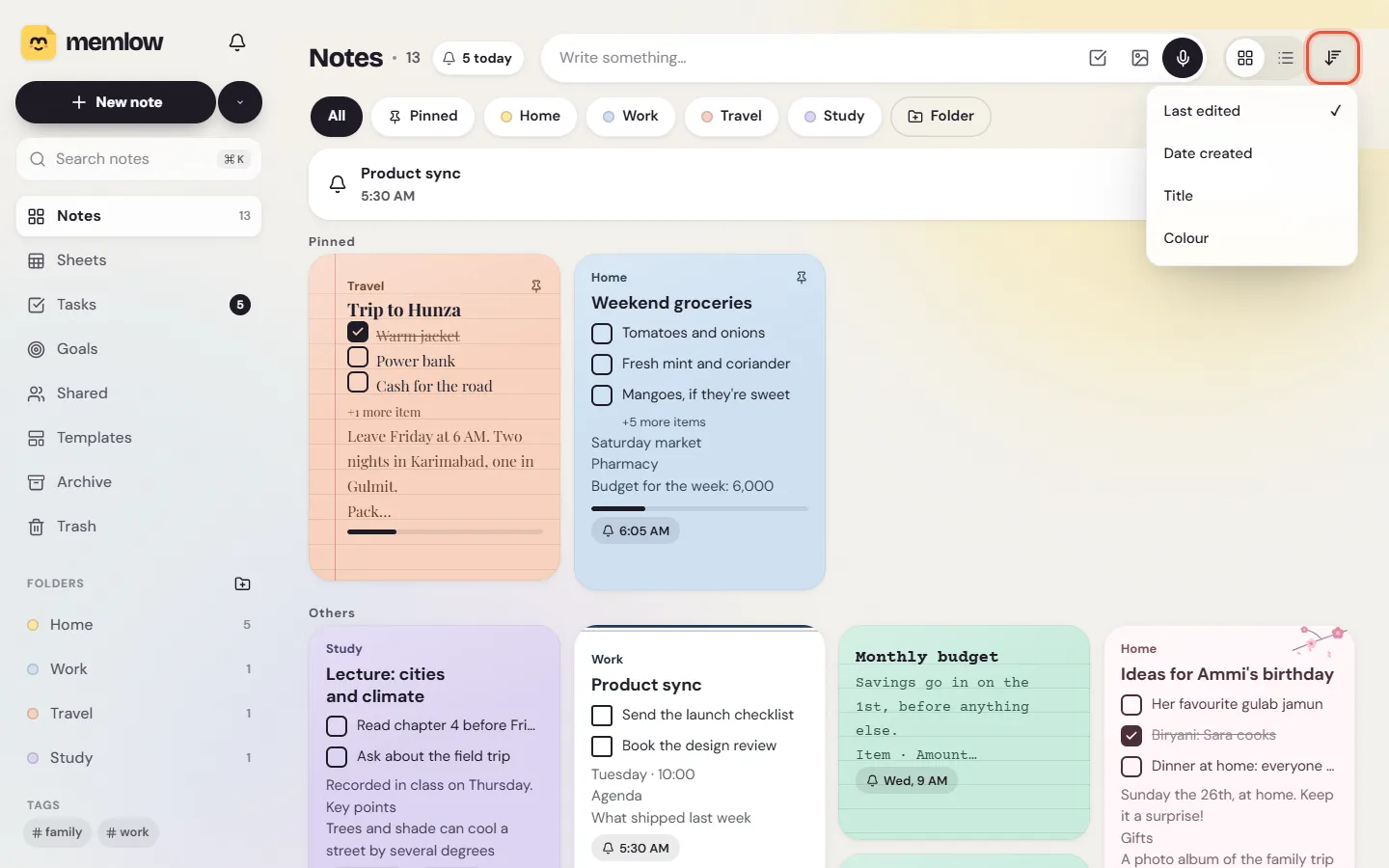 Notes on the web with the Sort notes menu open: Last edited ticked, Date created, Title and Colour