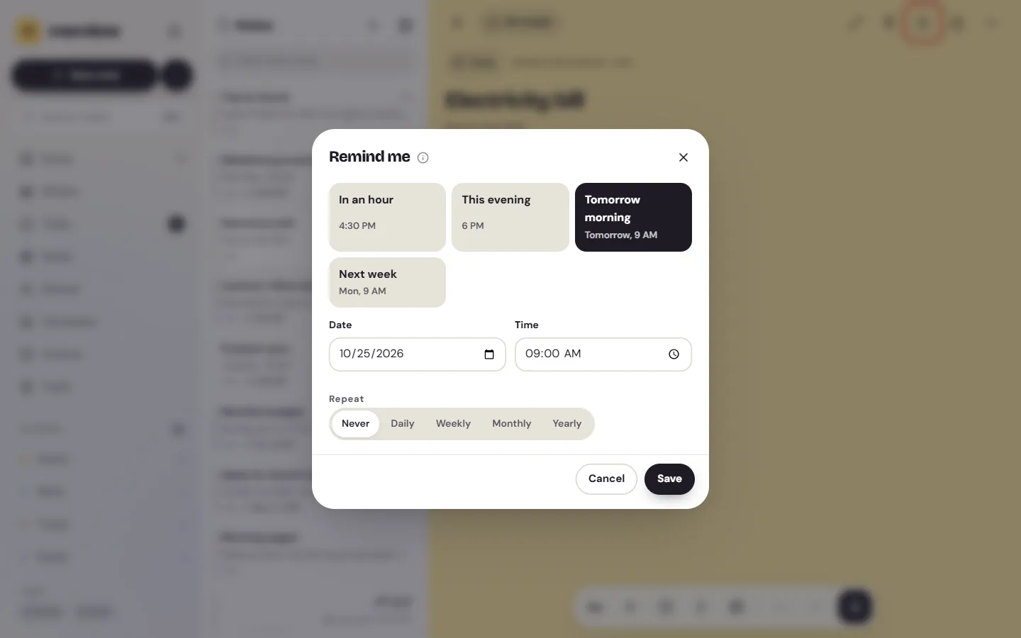 The Remind me sheet on the web over a note, with the four quick times and the date and time fields